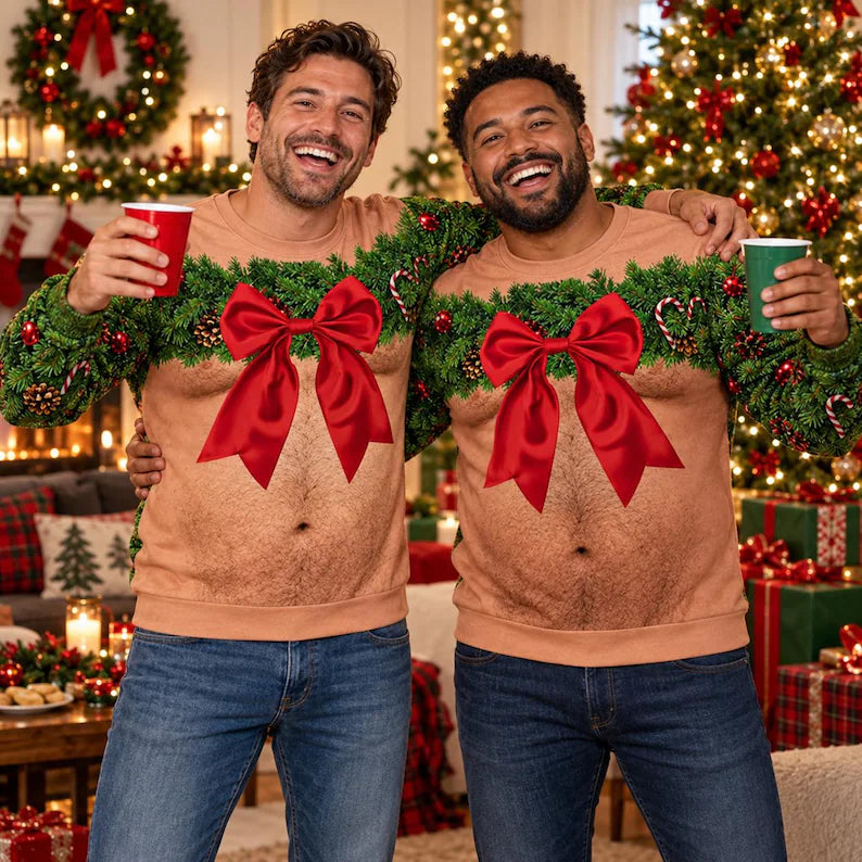 Funny Wreath Bow Fake Hairy Torso Print Sweatshirt – Men’s Ugly Christmas Party Jumper