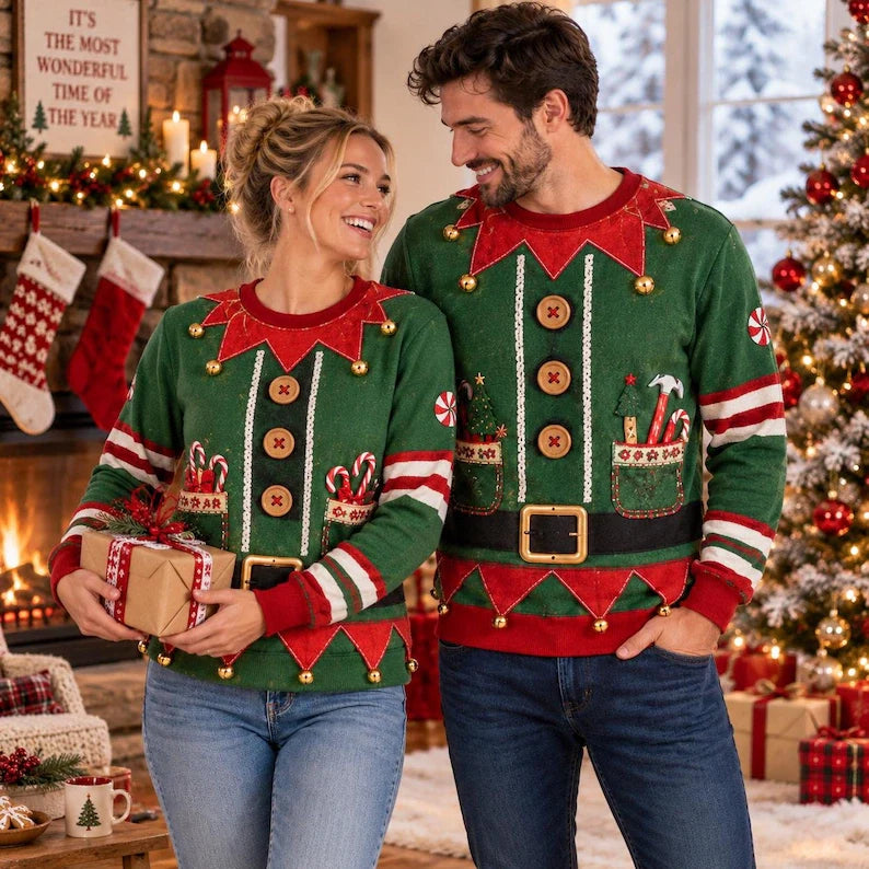 Funny Elf Body Christmas Sweatshirt – Faux Muscle Holiday Crewneck