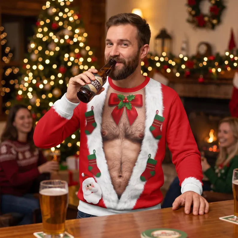 Funny Hairy Santa Christmas Sweatshirt – 3D Fake Abs Design