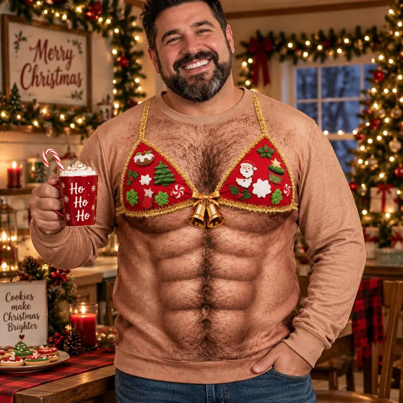 Funny Christmas Bra Sweatshirt – 3D Fake Abs & Hairy Belly