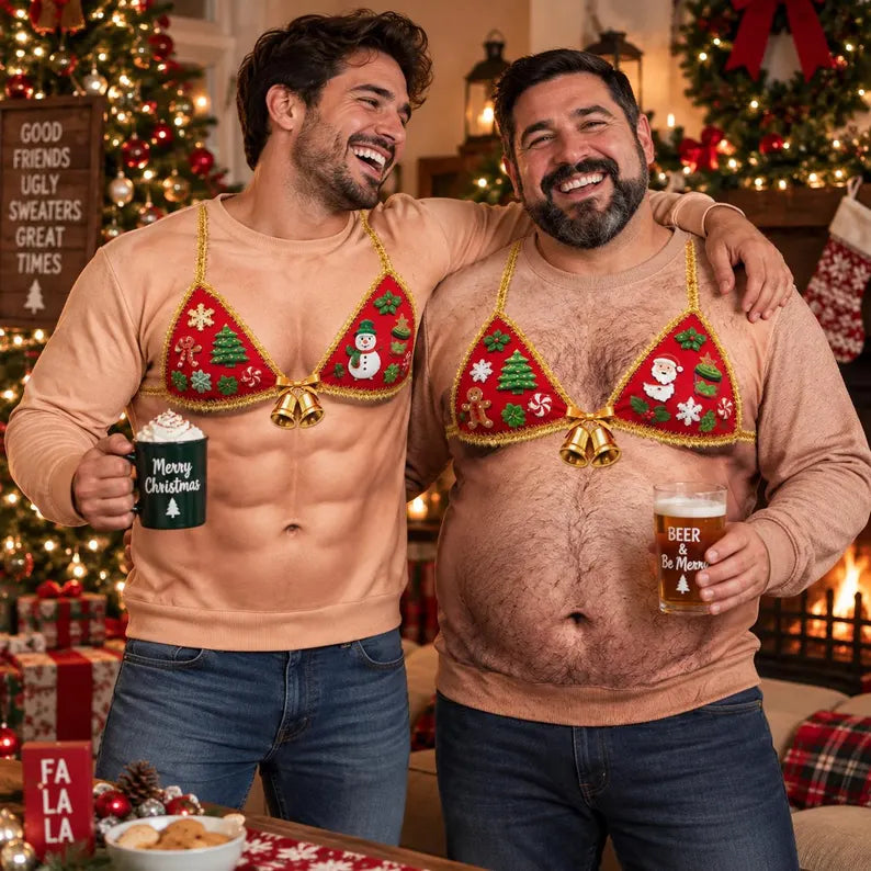 Funny Christmas Bra Sweatshirt – 3D Fake Abs & Hairy Belly