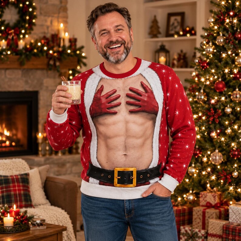 Funny Santa Hands Christmas Sweatshirt – 3D Muscle Abs Design