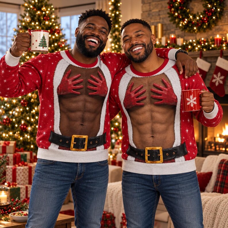Funny Santa Hands Christmas Sweatshirt – 3D Muscle Abs Design