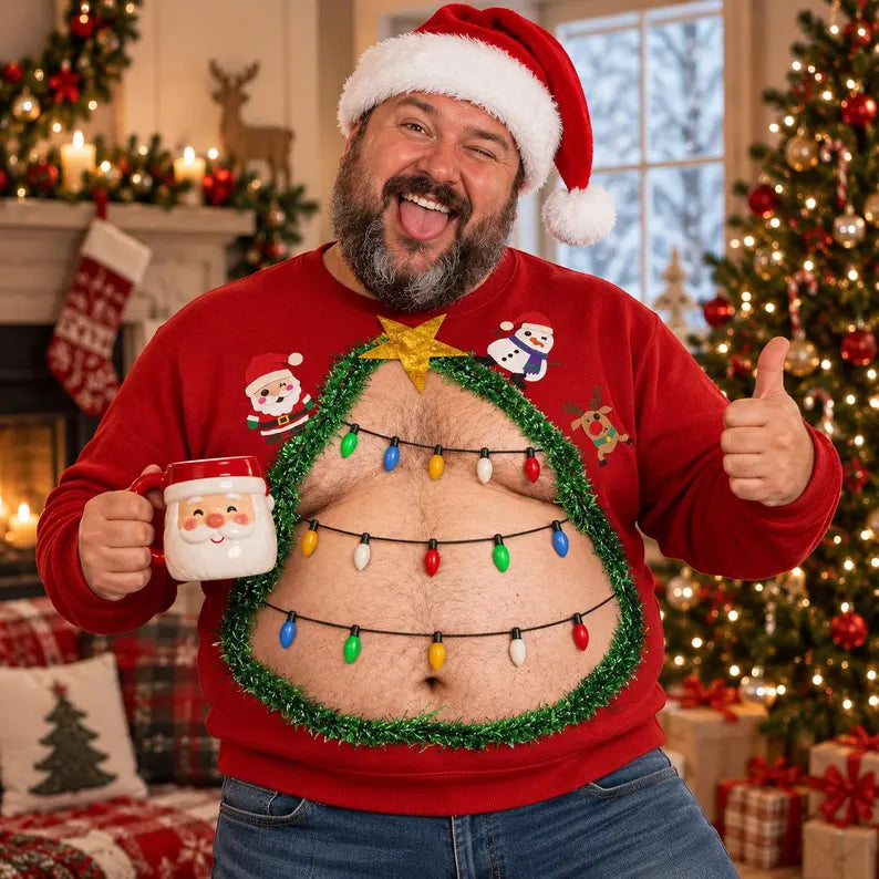 Funny Christmas Tree Belly Sweatshirt – 3D Hairy Stomach Design