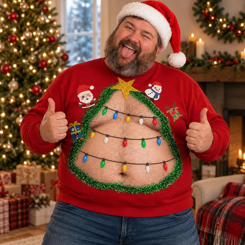 Funny Christmas Tree Belly Sweatshirt – 3D Hairy Stomach Design