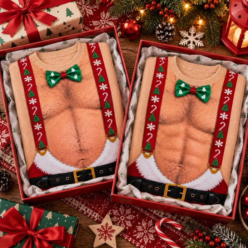 Funny Santa Abs Christmas Sweatshirt – 3D Hairy Chest Design