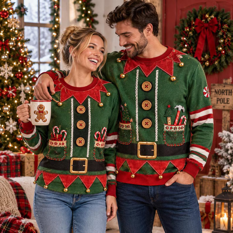 Funny Elf Body Christmas Sweatshirt – Faux Muscle Holiday Crewneck