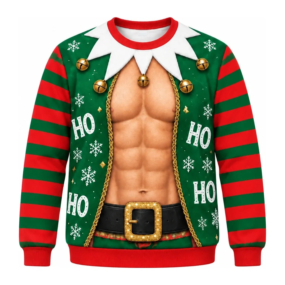 Men's Funny Christmas Fake Abs Sweatshirt – Elf Muscle Ugly Christmas Sweater