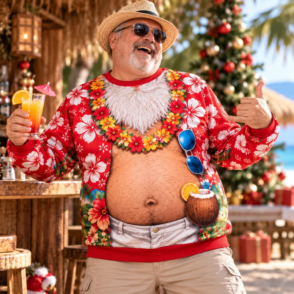 Funny Tropical Santa Belly Christmas Sweatshirt – Hawaiian Holiday Ugly Sweater