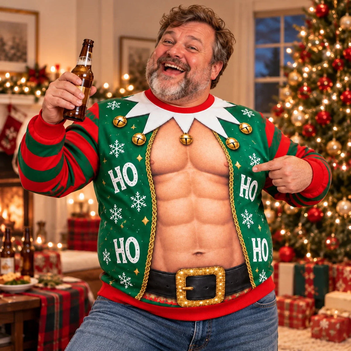 Men's Funny Christmas Fake Abs Sweatshirt – Elf Muscle Ugly Christmas Sweater