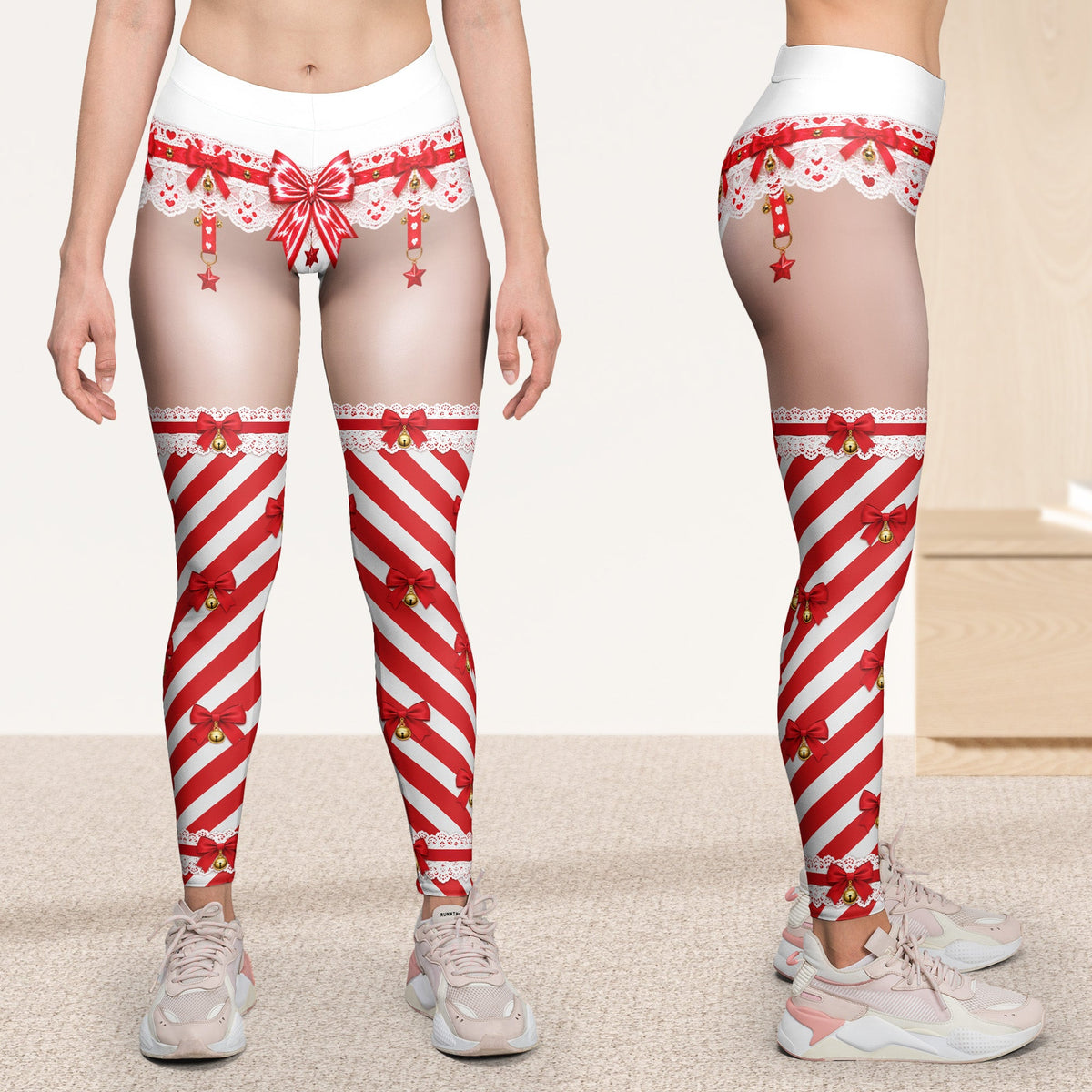 Funny Santa Lingerie Illusion Christmas Leggings – Women’s Sexy Holiday Party Pants