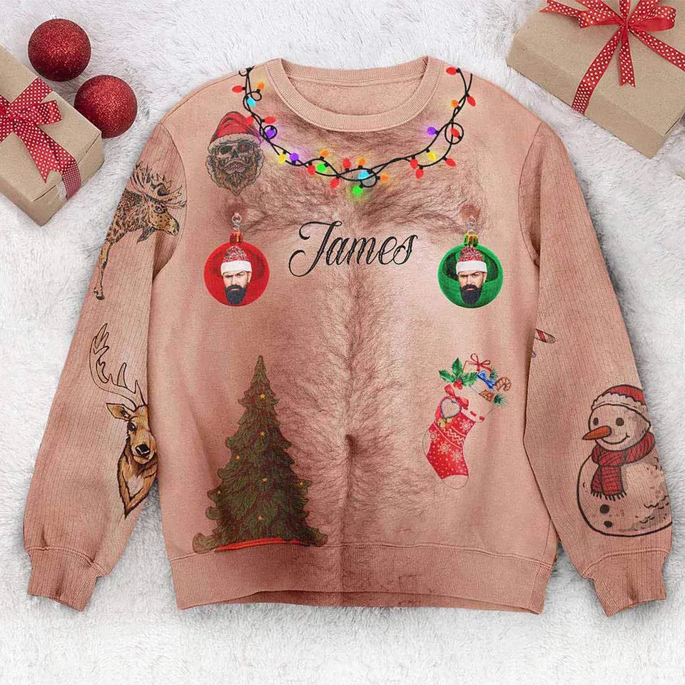 Personalized Hairy Chest Christmas Sweatshirt – Custom Photo & Name