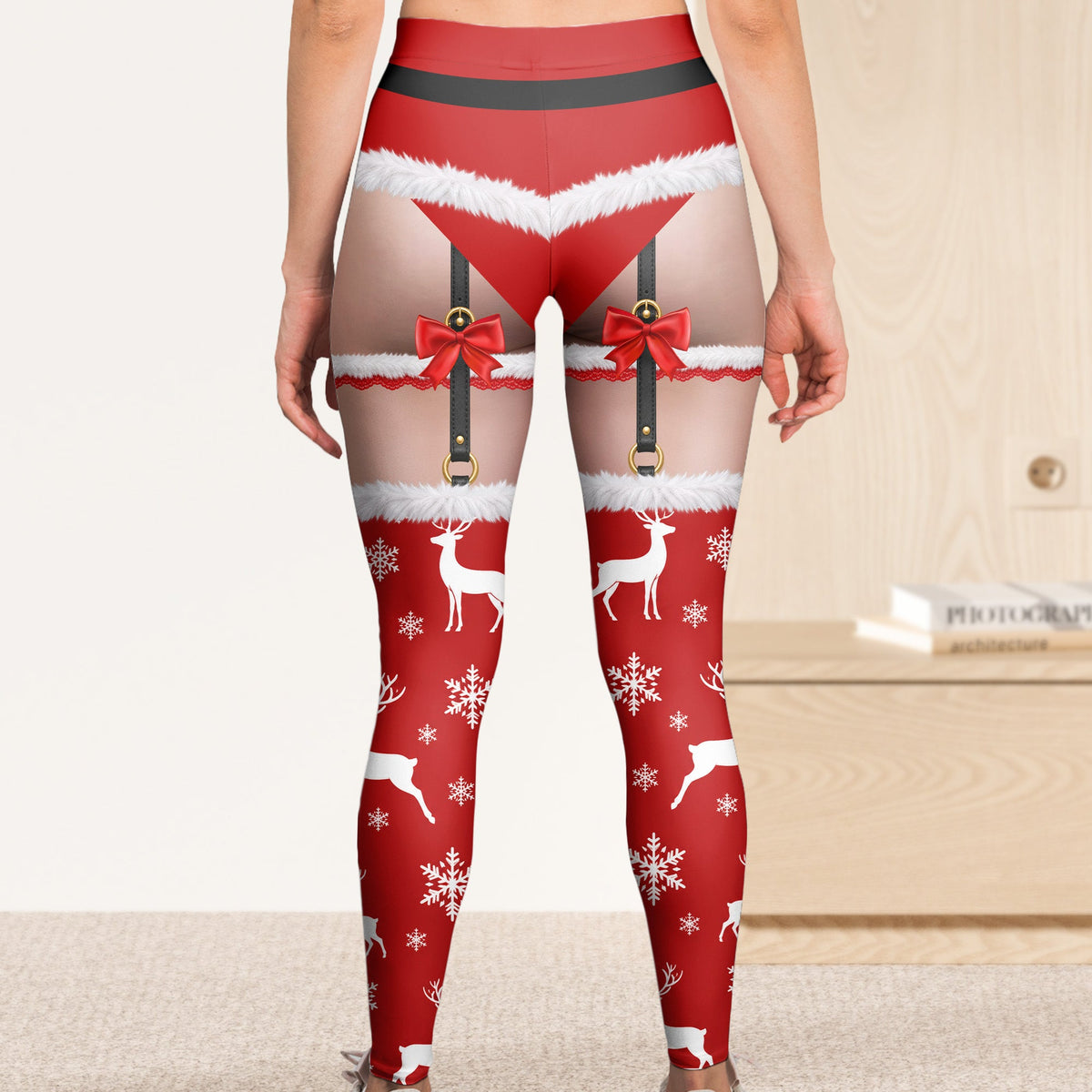 Funny Santa Lingerie Illusion Christmas Leggings – Women’s Sexy Holiday Party Pants