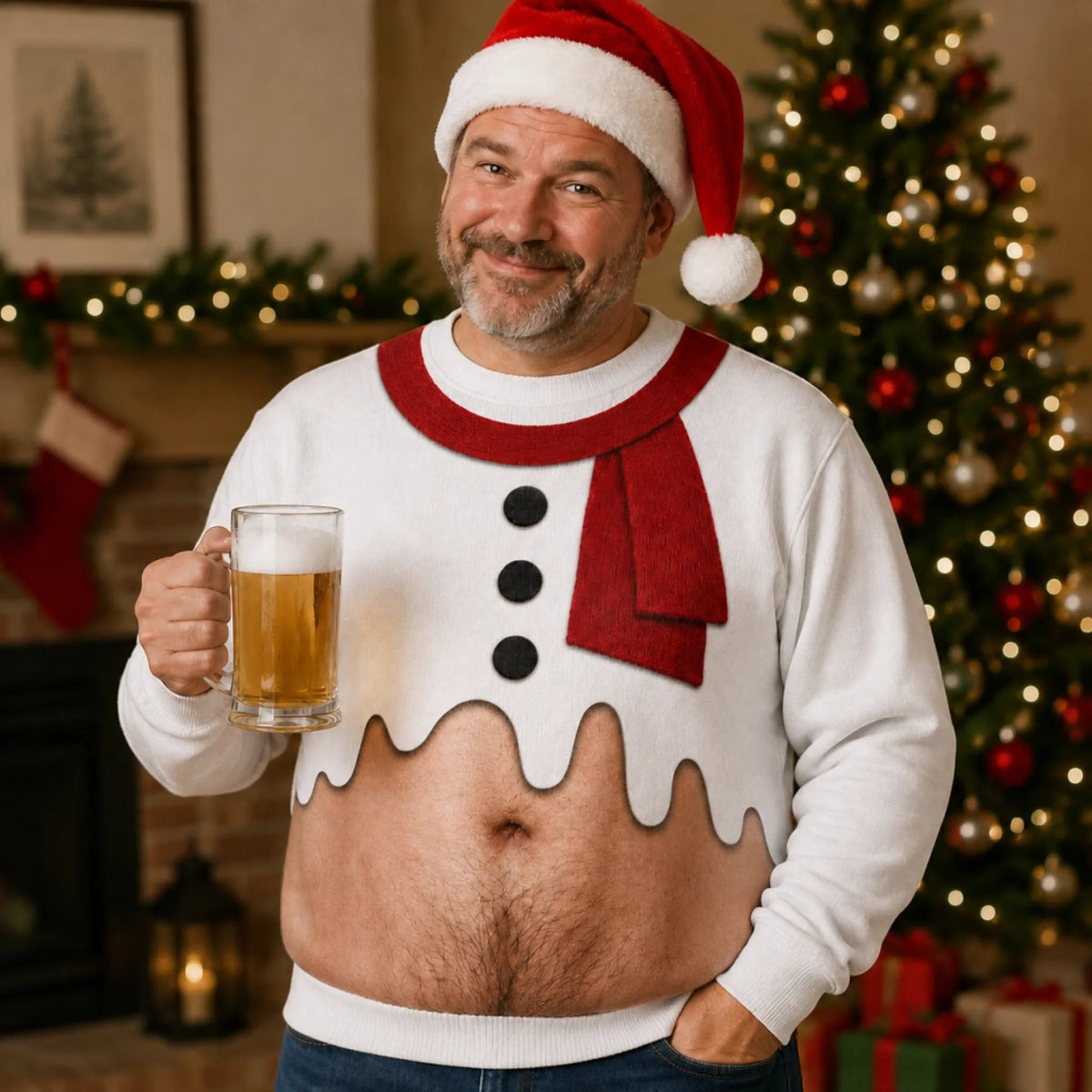 Funny Snowman Beer Belly Ugly Christmas Sweater – Novelty Holiday Sweatshirt for Men