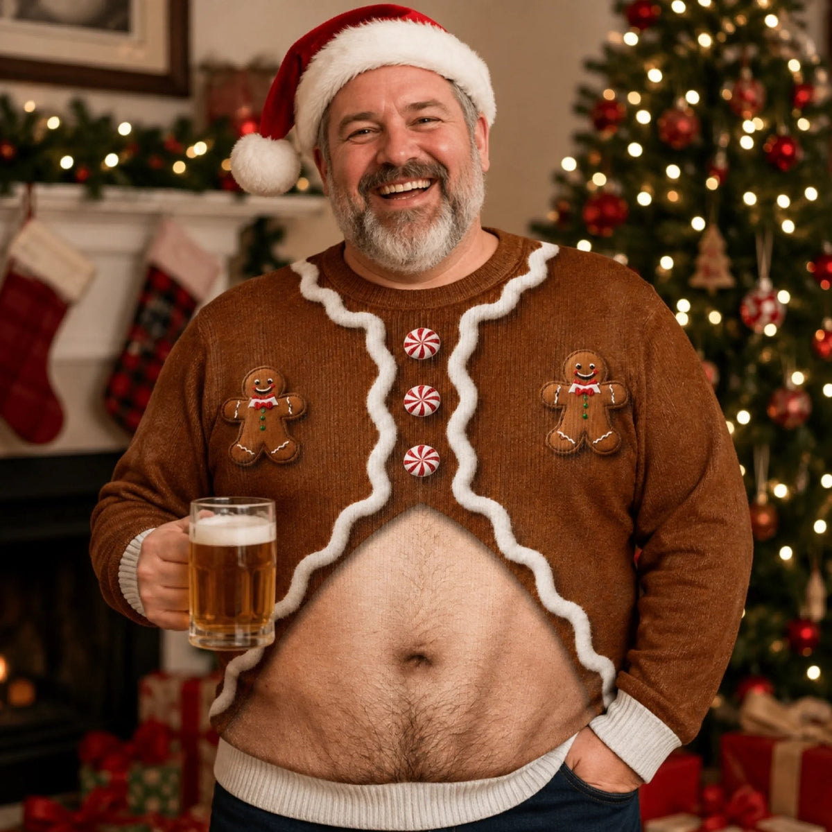 Funny Gingerbread Beer Belly Ugly Christmas Sweater – Novelty Holiday Sweatshirt for Men