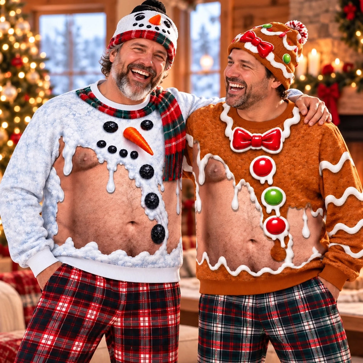 Funny Snowman & Gingerbread Body Illusion Christmas Sweatshirt – Men’s Ugly Christmas Party Pullover