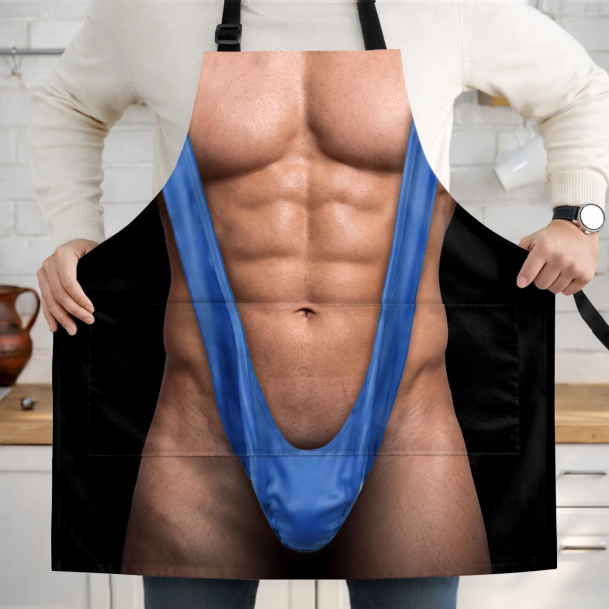 Custom Skin Tone King of the Grill Apron – Funny Muscle Body Illusion BBQ Apron with Pocket