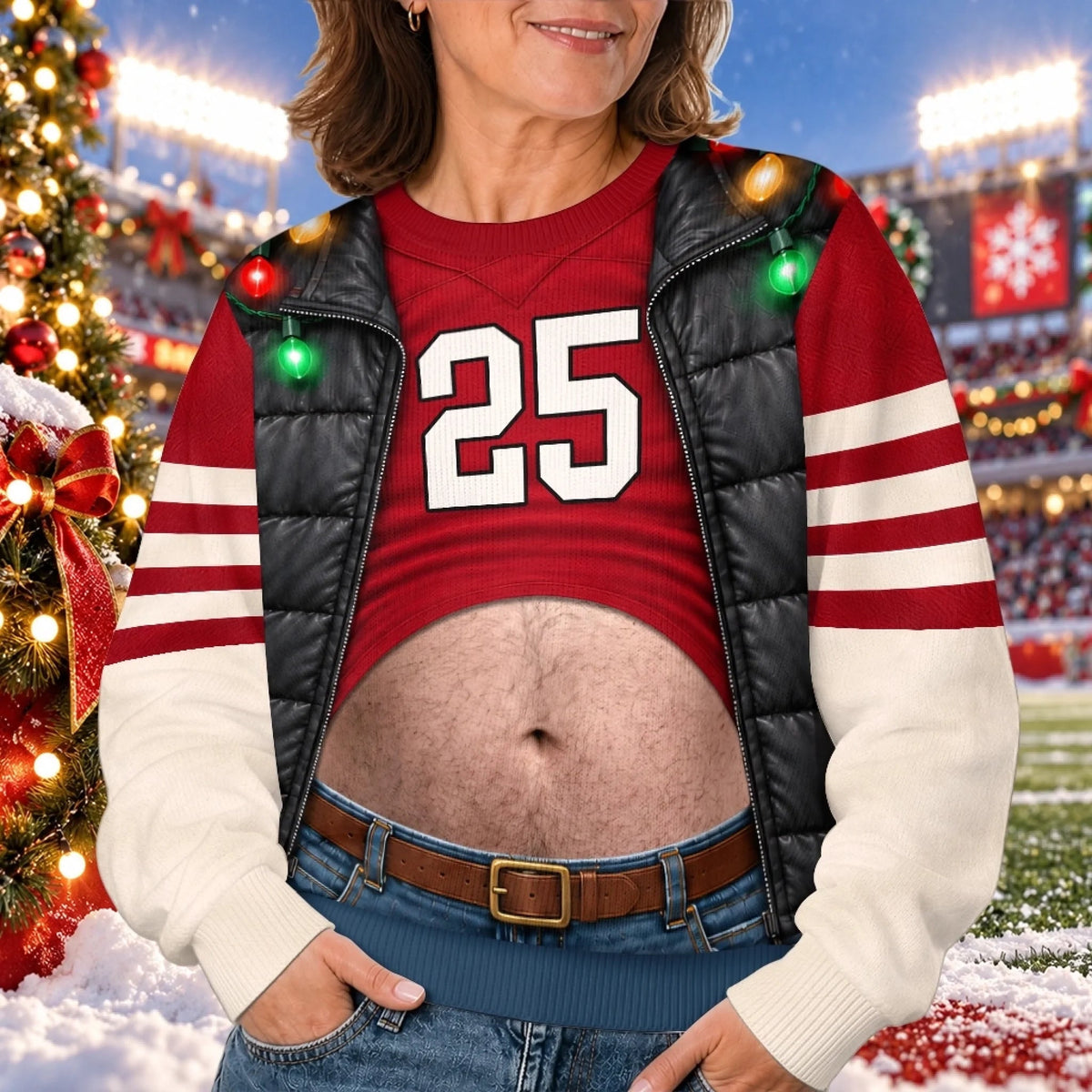 Funny Football Belly Illusion Christmas Sweatshirt – Men’s Ugly Christmas Game Day Pullover