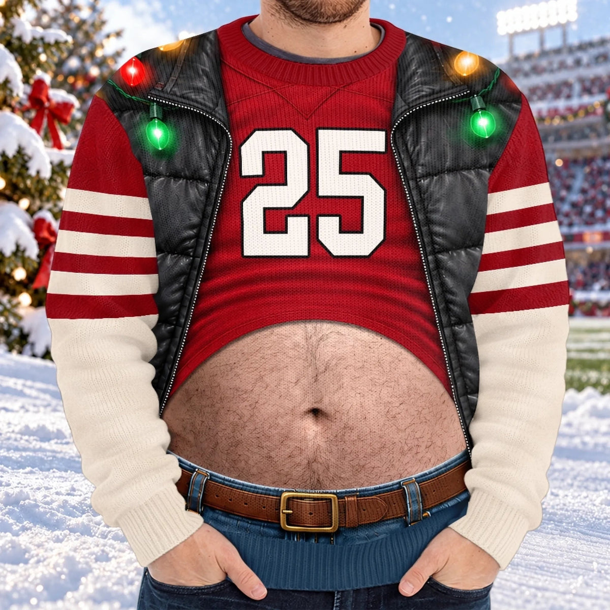Funny Football Belly Illusion Christmas Sweatshirt – Men’s Ugly Christmas Game Day Pullover