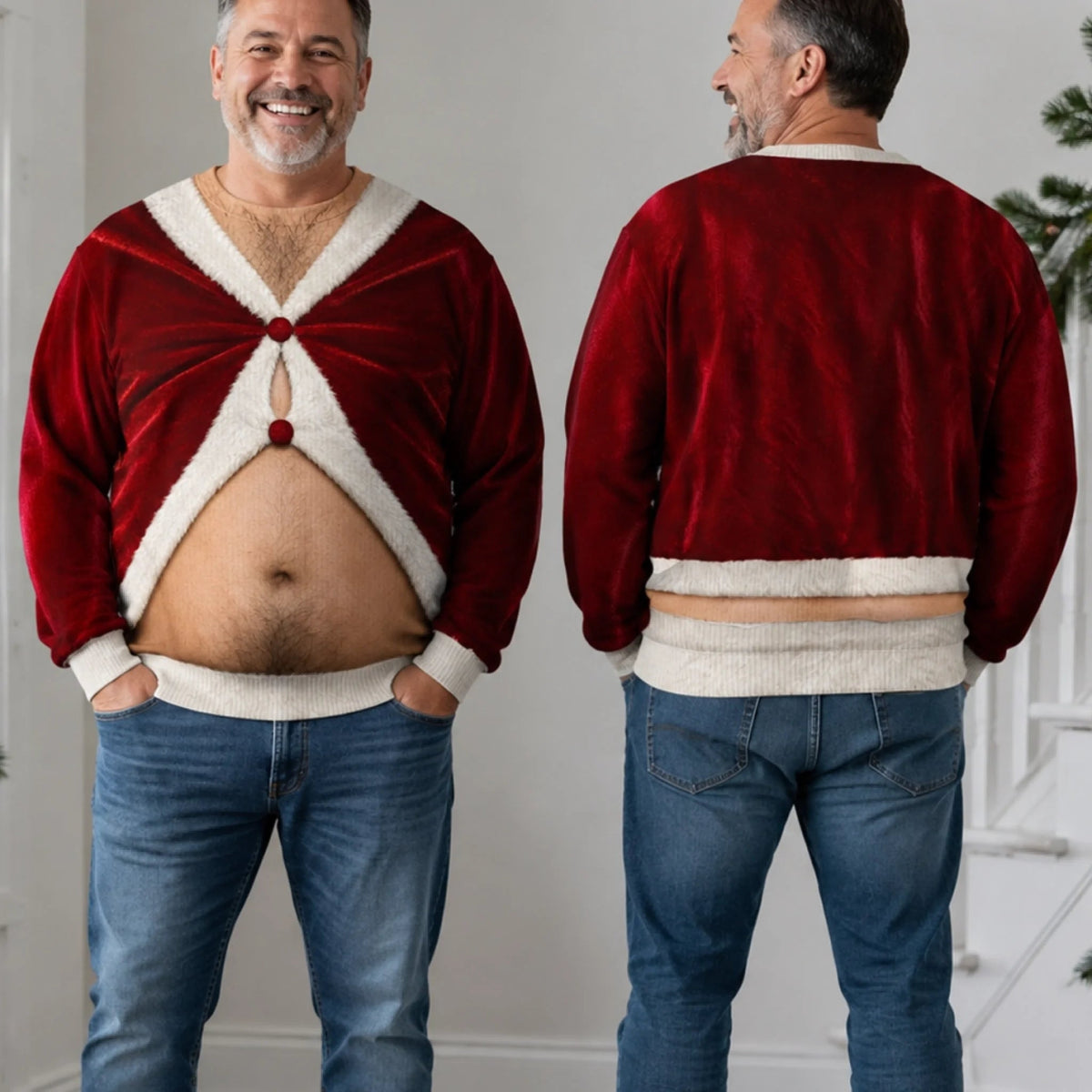 Custom Skin Tone Santa Beer Belly Ugly Christmas Sweater – Too Much Holiday Cheer Funny Sweatshirt