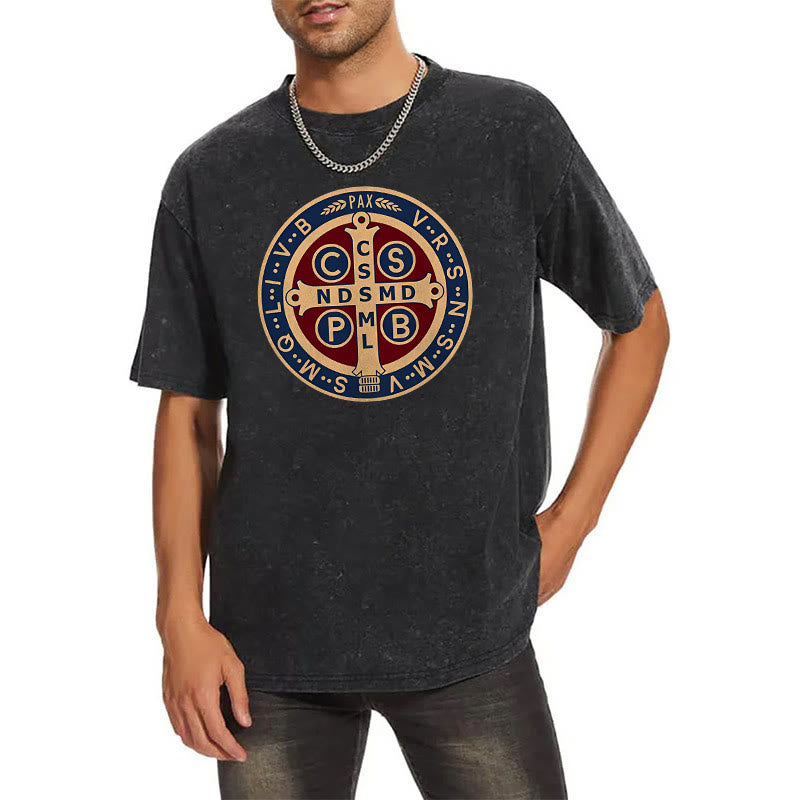 Christianartworkshop St. Benedict Medal Holy Cross Unisex Washed T-Shirt