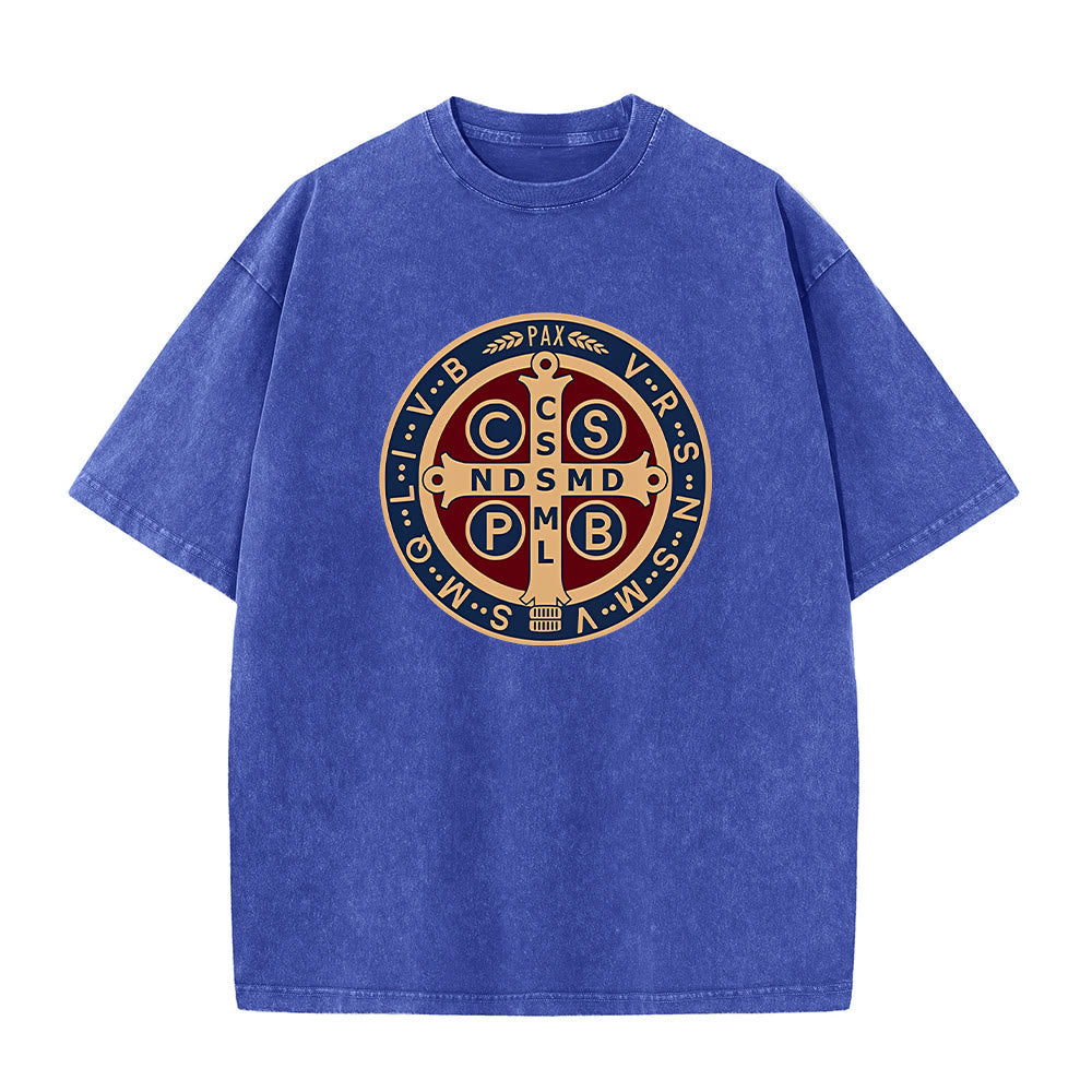 Christianartworkshop St. Benedict Medal Holy Cross Unisex Washed T-Shirt