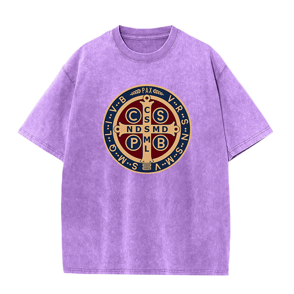Christianartworkshop St. Benedict Medal Holy Cross Unisex Washed T-Shirt