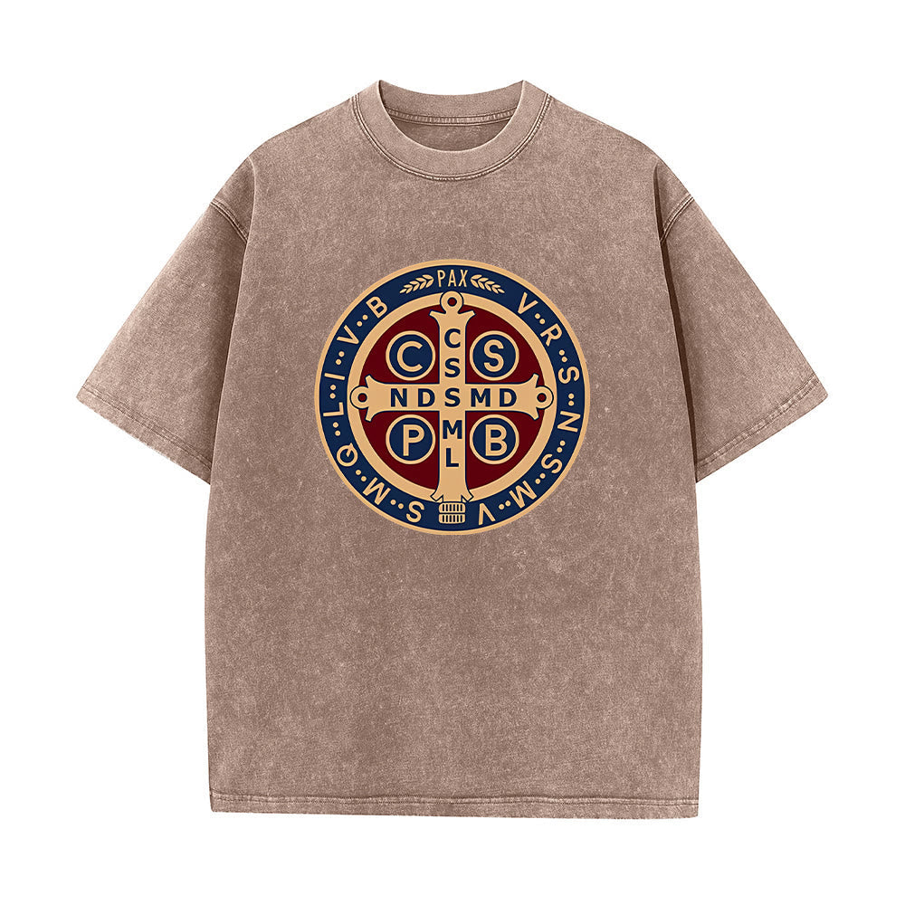 Christianartworkshop St. Benedict Medal Holy Cross Unisex Washed T-Shirt