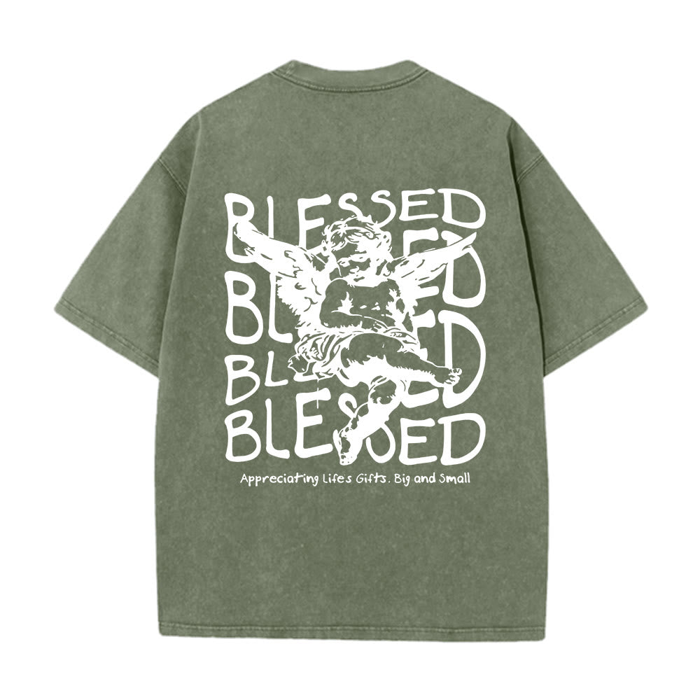 Christianartworkshop Inspired Blessed T-Shirt with Cherub Design Unisex Washed T-Shirt