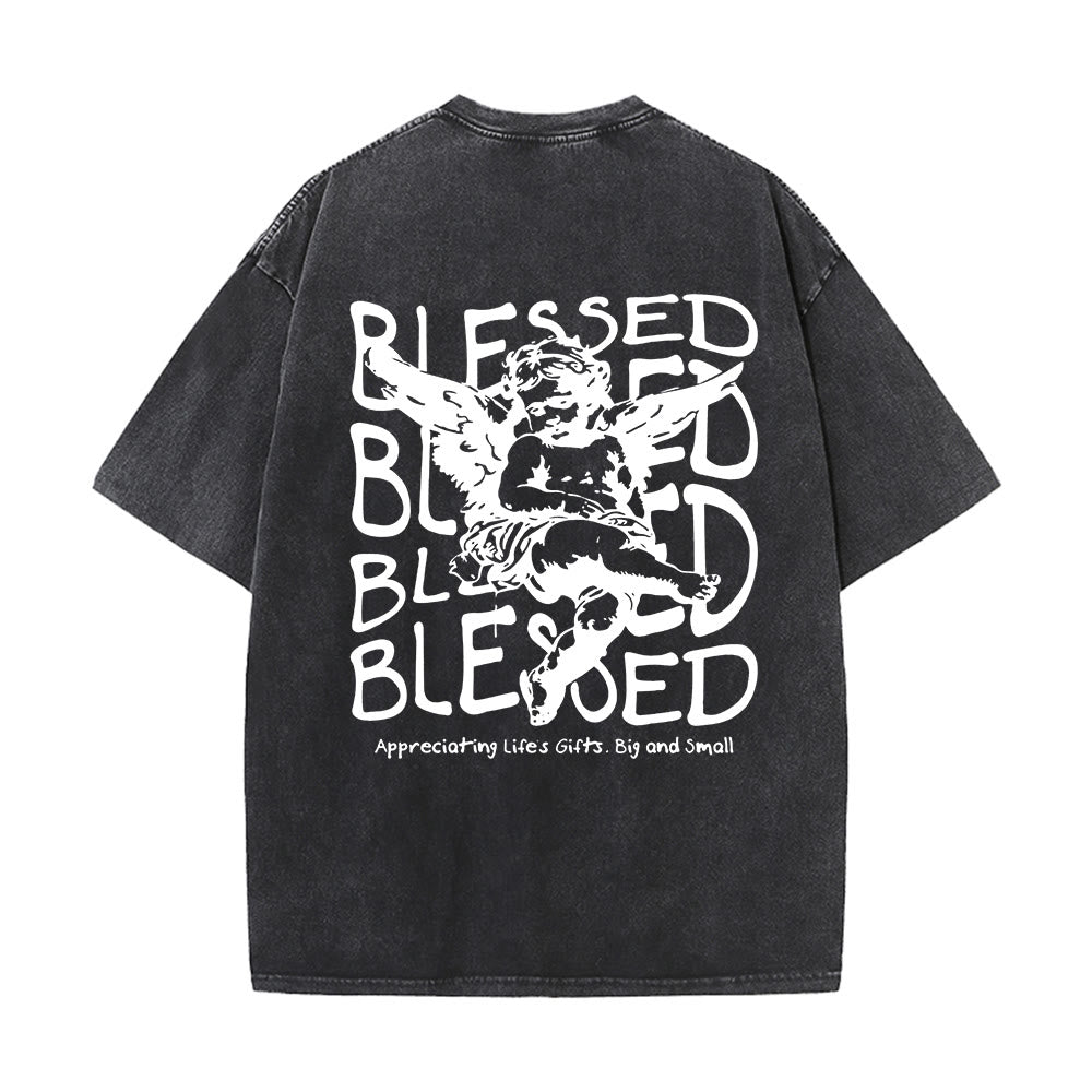 Christianartworkshop Inspired Blessed T-Shirt with Cherub Design Unisex Washed T-Shirt