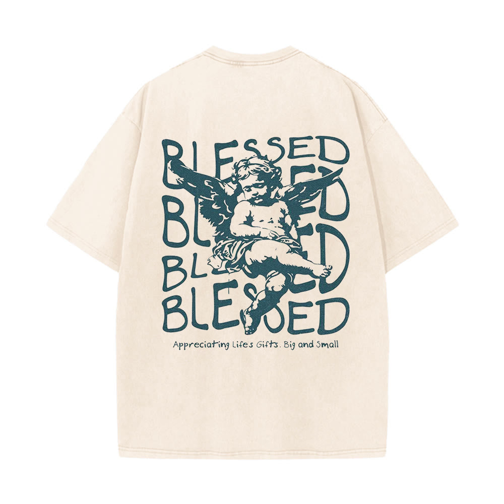 Christianartworkshop Inspired Blessed T-Shirt with Cherub Design Unisex Washed T-Shirt