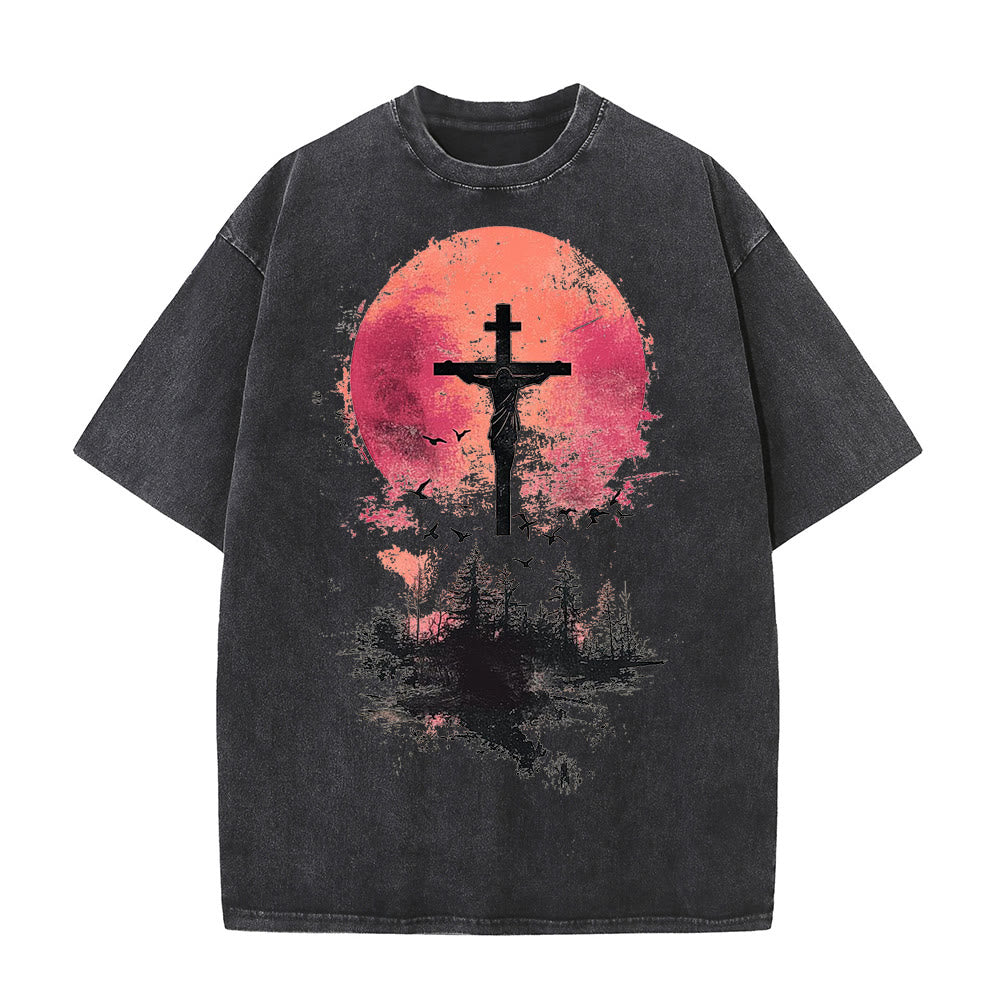 Christianartworkshop Divine Crucifix Over Nature Landscape Unisex Washed T-shirt