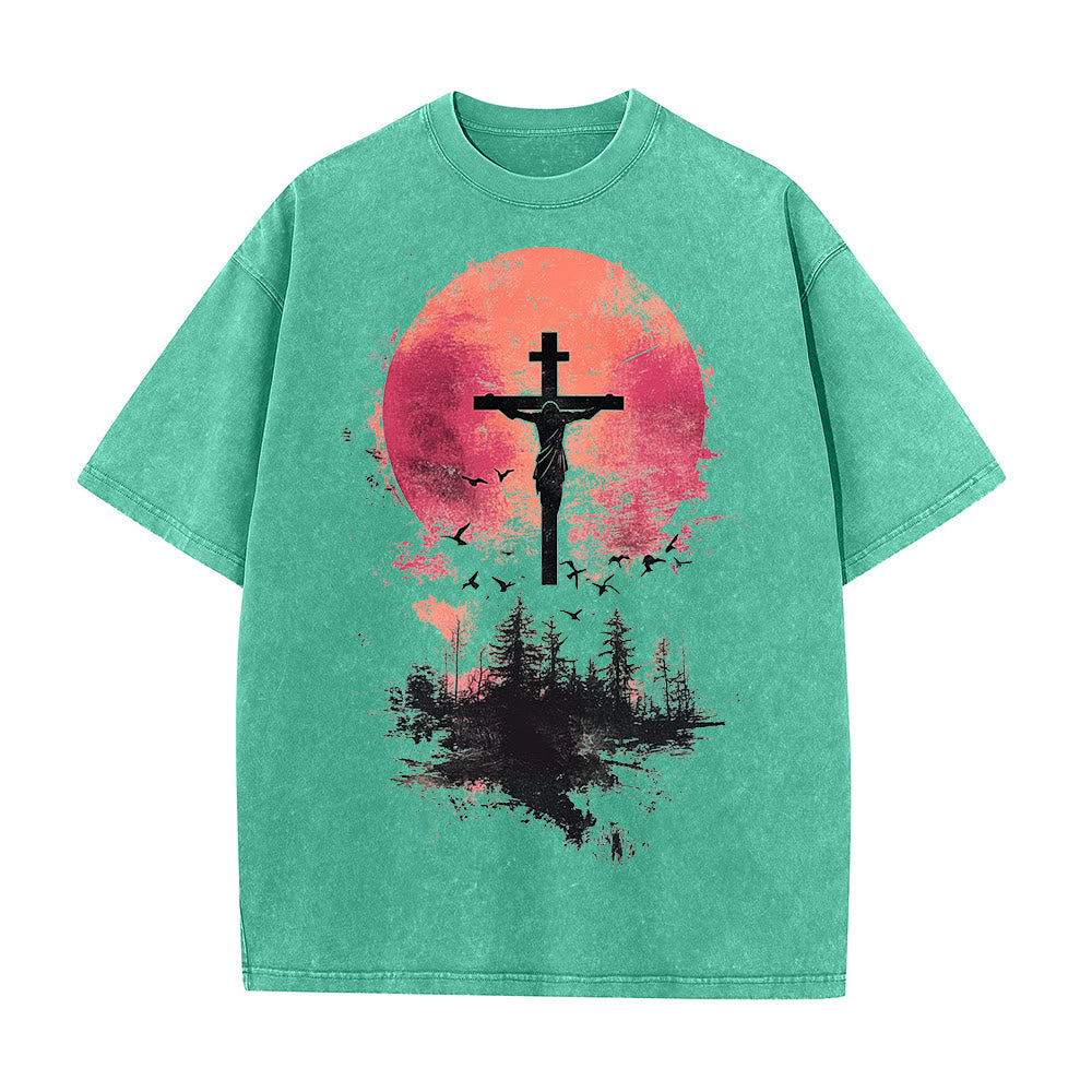 Christianartworkshop Divine Crucifix Over Nature Landscape Unisex Washed T-shirt