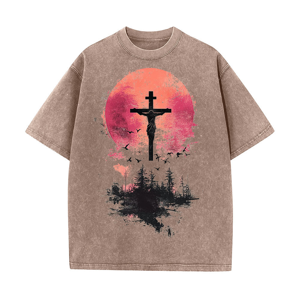 Christianartworkshop Divine Crucifix Over Nature Landscape Unisex Washed T-shirt