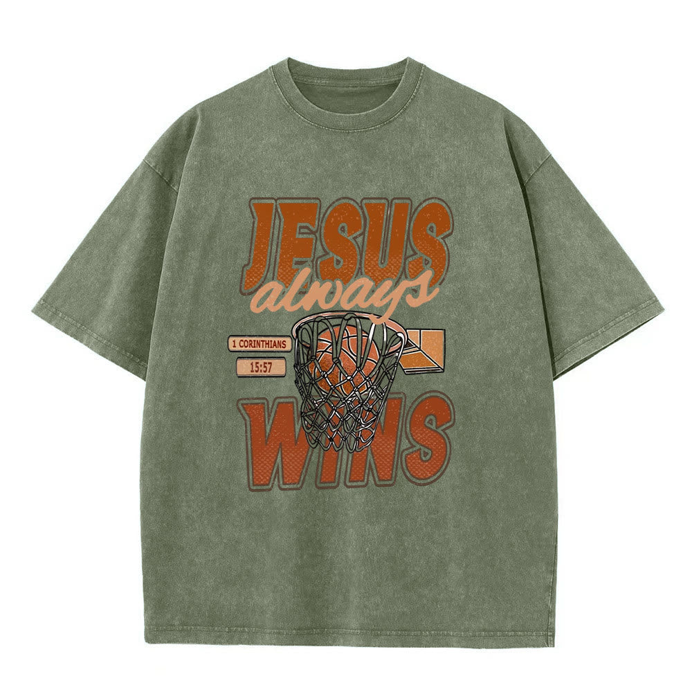Christianartworkshop Jesus Always Wins Basketball Graphic Unisex Washed T-shirt
