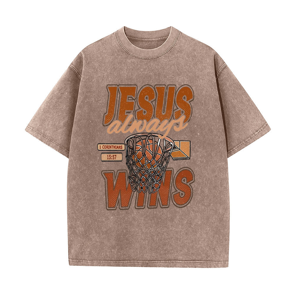 Christianartworkshop Jesus Always Wins Basketball Graphic Unisex Washed T-shirt