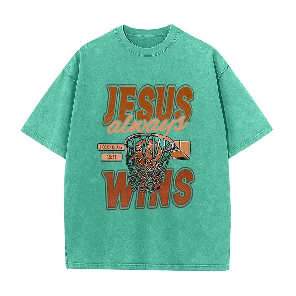 Christianartworkshop Jesus Always Wins Basketball Graphic Unisex Washed T-shirt