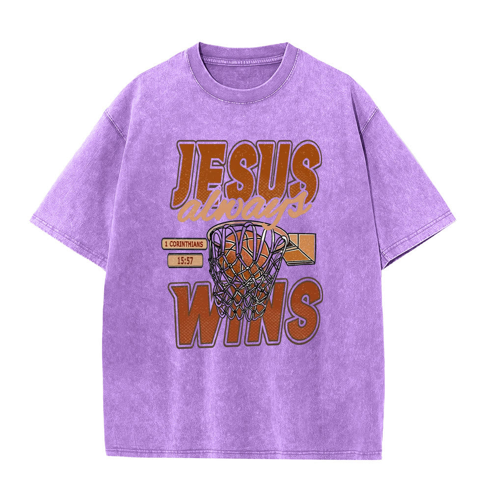 Christianartworkshop Jesus Always Wins Basketball Graphic Unisex Washed T-shirt