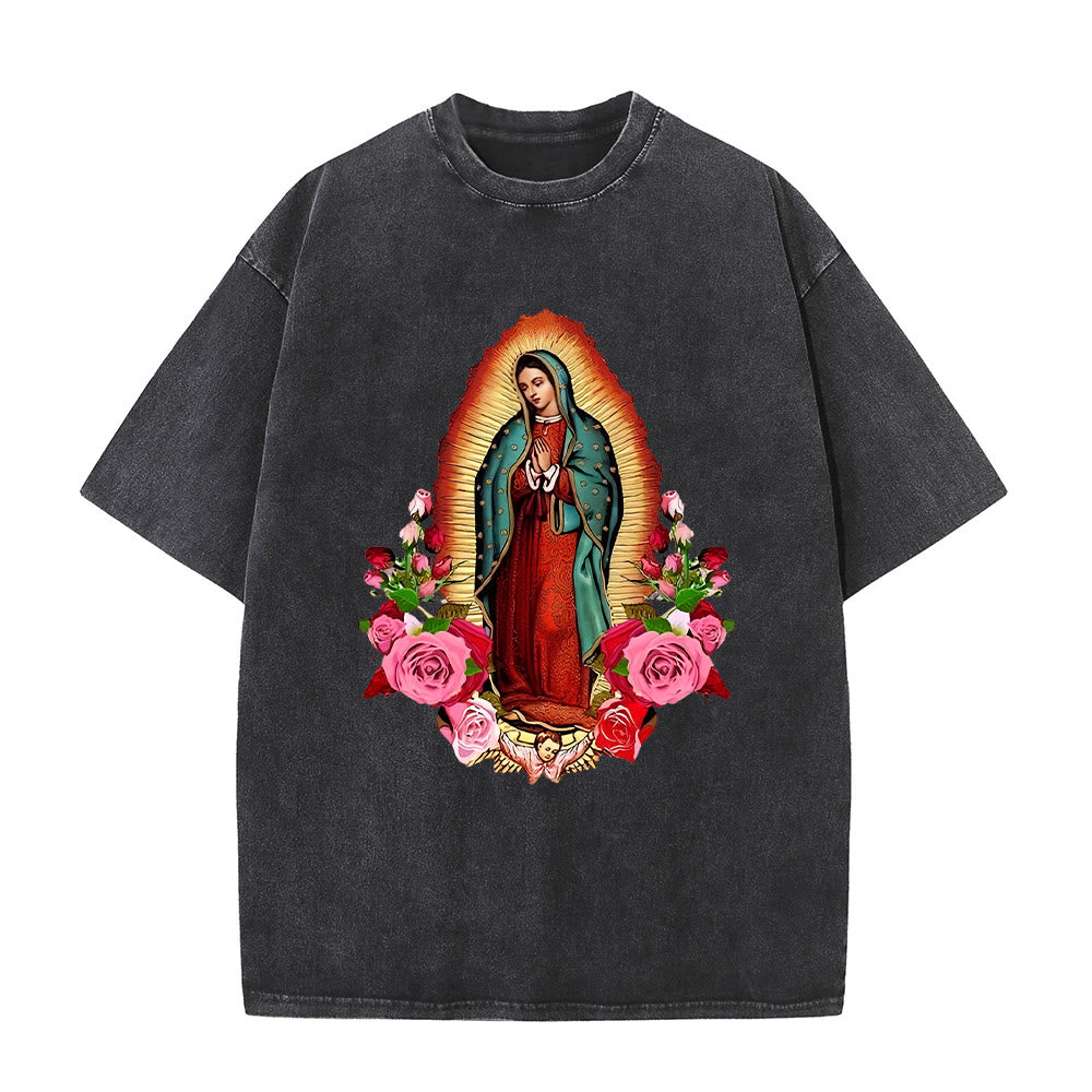 Christianartworkshop Vintage Our Lady of Guadalupe Floral Faith Unisex Washed T-Shirt