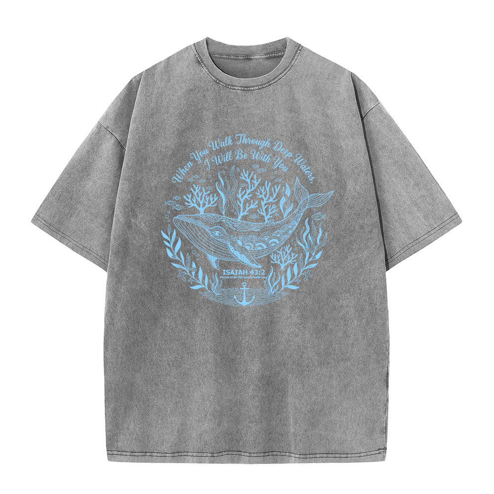 Christianartworkshop Isaiah 43:2 Whale Ocean Graphic Unisex Washed T-Shirt