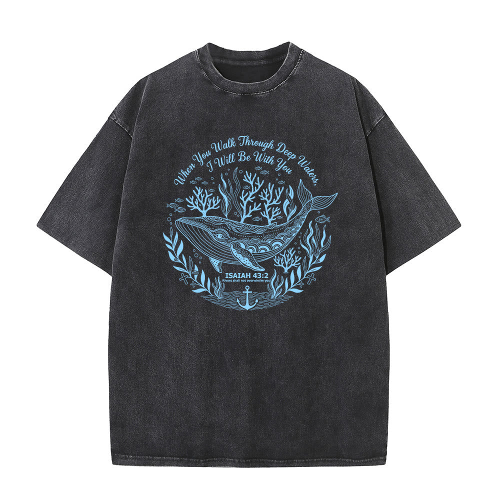 Christianartworkshop Isaiah 43:2 Whale Ocean Graphic Unisex Washed T-Shirt