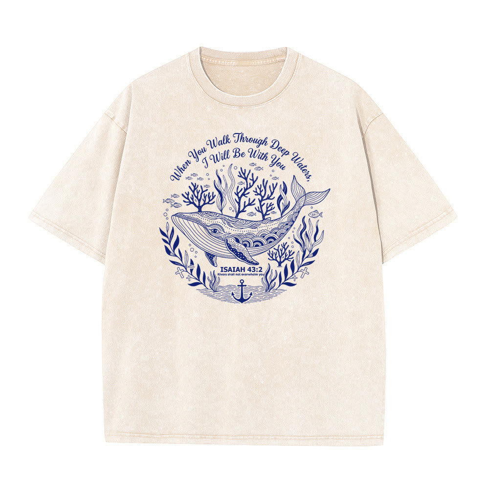 Christianartworkshop Isaiah 43:2 Whale Ocean Graphic Unisex Washed T-Shirt