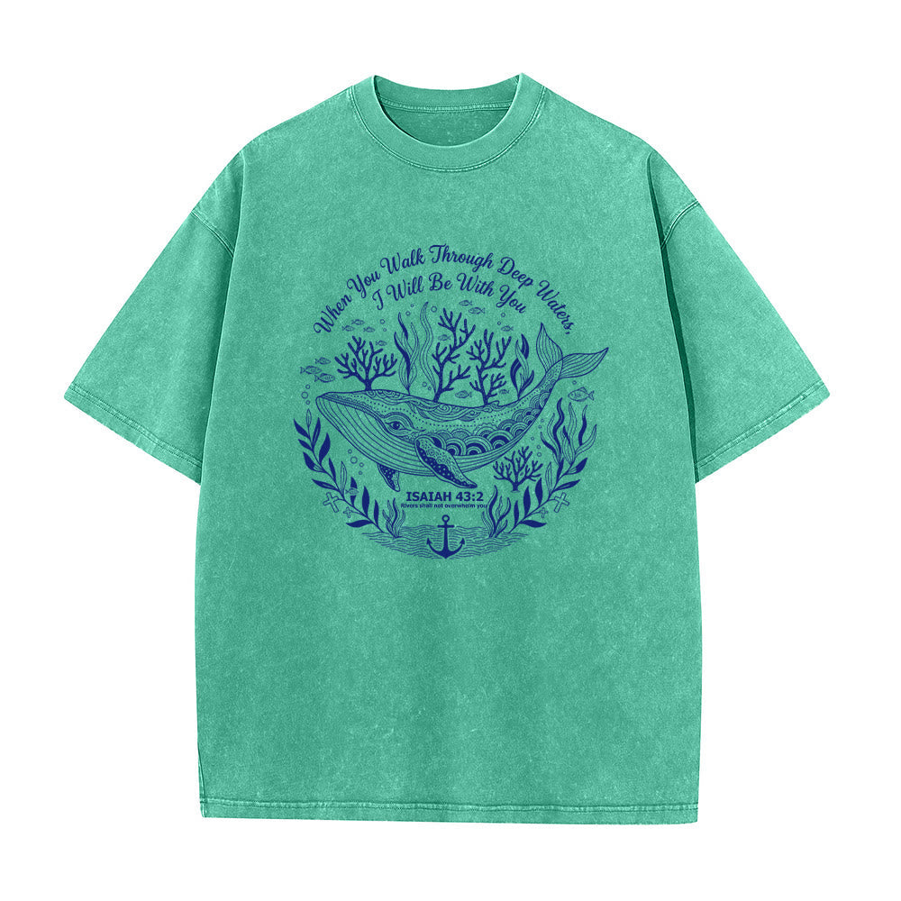 Christianartworkshop Isaiah 43:2 Whale Ocean Graphic Unisex Washed T-Shirt
