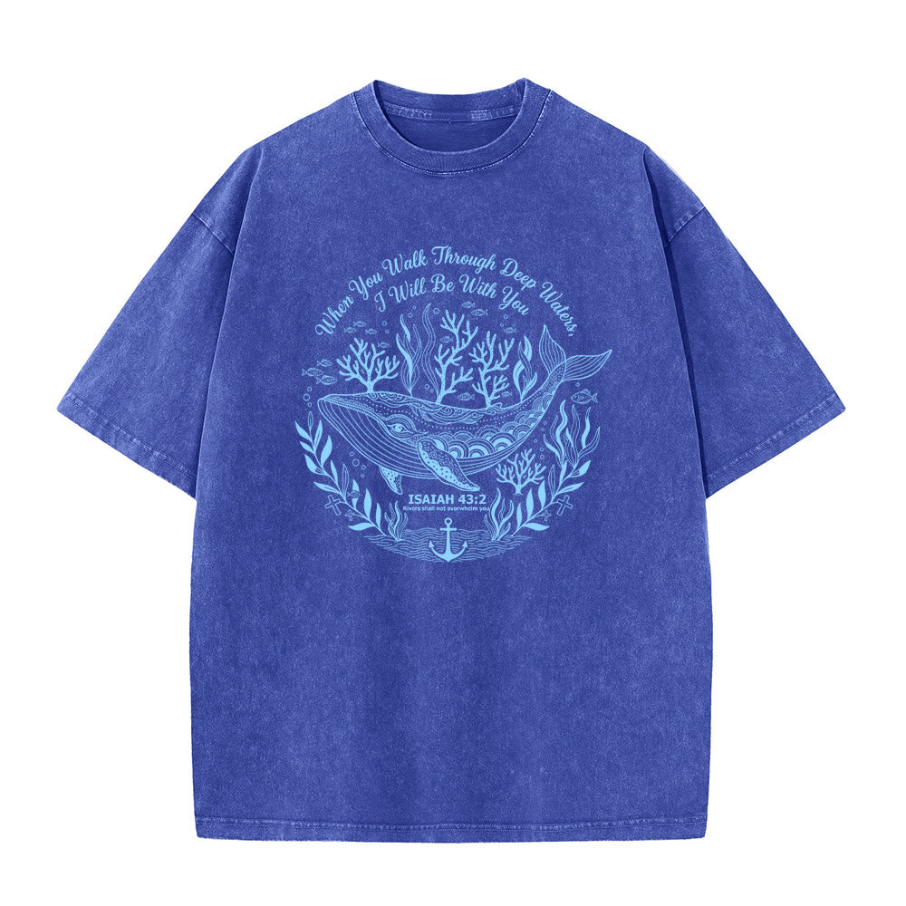 Christianartworkshop Isaiah 43:2 Whale Ocean Graphic Unisex Washed T-Shirt
