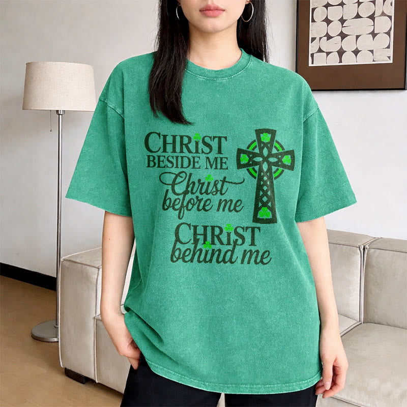 Christianartworkshop Christ Beside Me Celtic Cross Unisex Washed T-Shirt: Wear His Ever-Presence