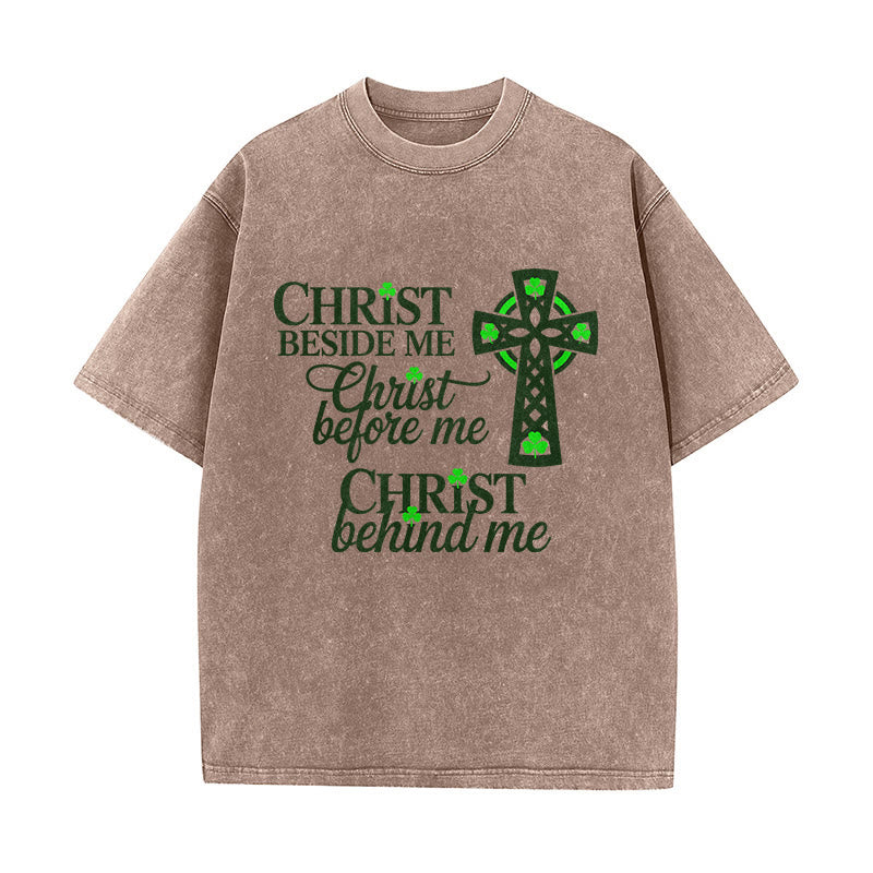 Christianartworkshop Christ Beside Me Celtic Cross Unisex Washed T-Shirt: Wear His Ever-Presence