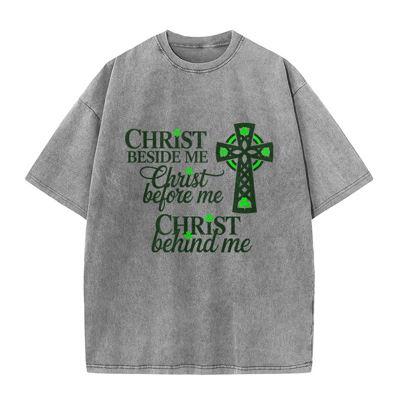 Christianartworkshop Christ Beside Me Celtic Cross Unisex Washed T-Shirt: Wear His Ever-Presence