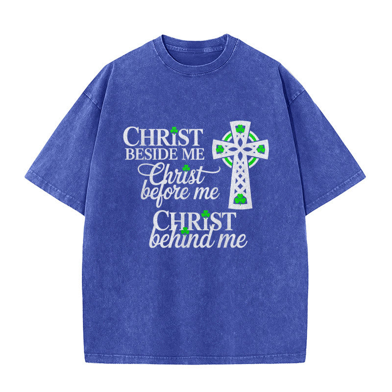 Christianartworkshop Christ Beside Me Celtic Cross Unisex Washed T-Shirt: Wear His Ever-Presence