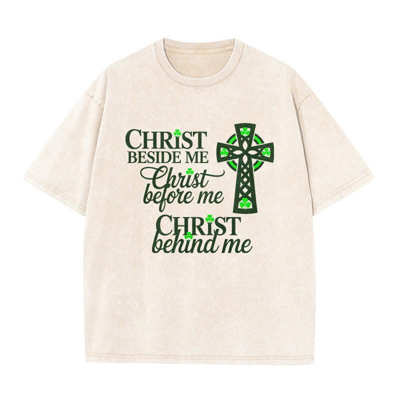 Christianartworkshop Christ Beside Me Celtic Cross Unisex Washed T-Shirt: Wear His Ever-Presence