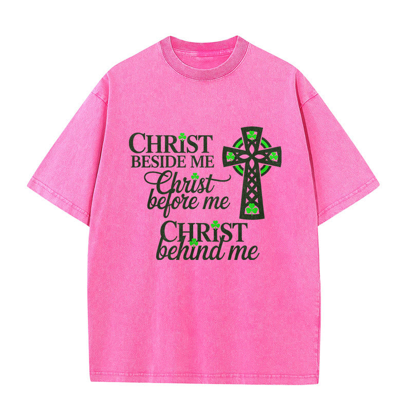 Christianartworkshop Christ Beside Me Celtic Cross Unisex Washed T-Shirt: Wear His Ever-Presence